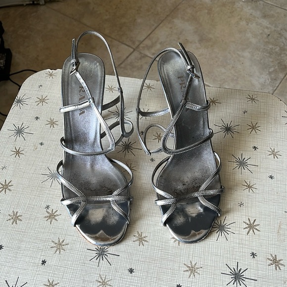 PRADA Silver Stiletto Sandals Size 37 italian Made in Italy - Picture 1 of 10